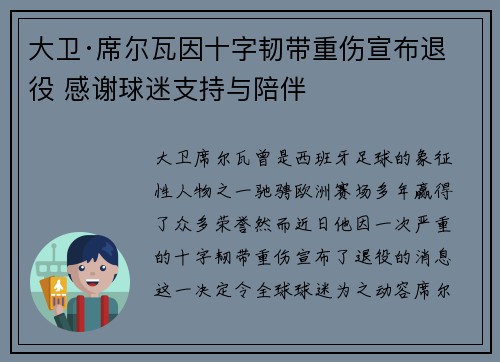 大卫·席尔瓦因十字韧带重伤宣布退役 感谢球迷支持与陪伴