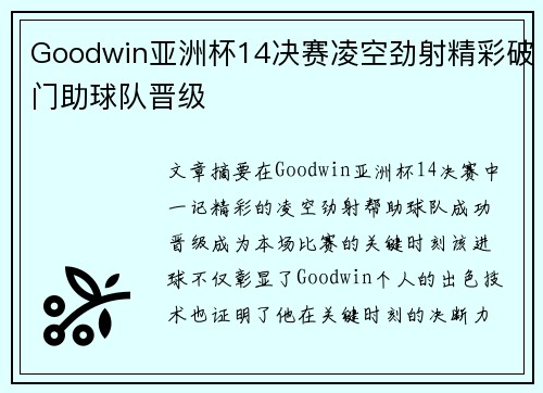 Goodwin亚洲杯14决赛凌空劲射精彩破门助球队晋级